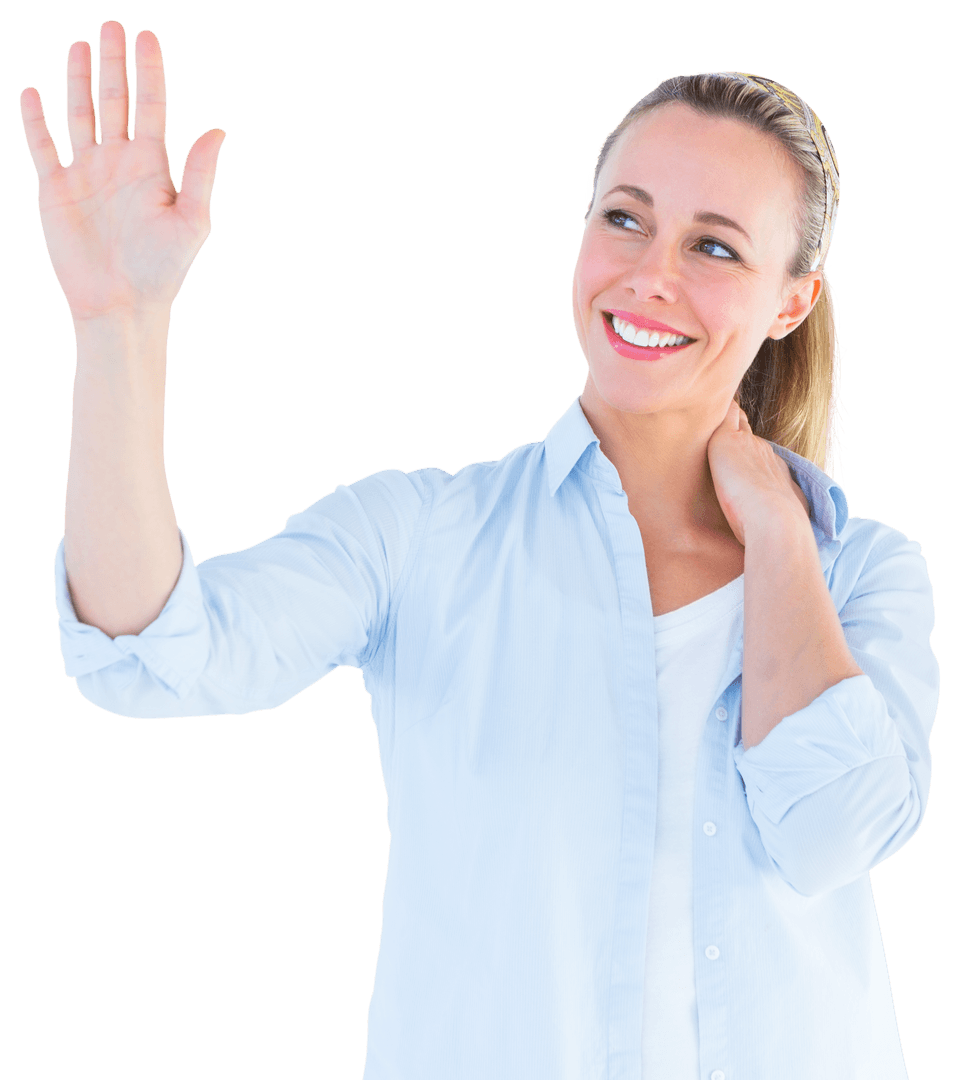 Smiling Woman Raising Hand with Bright Expression Transparent Background