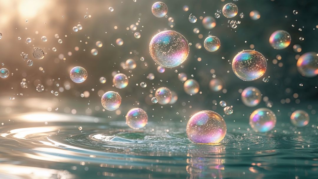 Iridescent Soap Bubbles Floating Above Water Surface