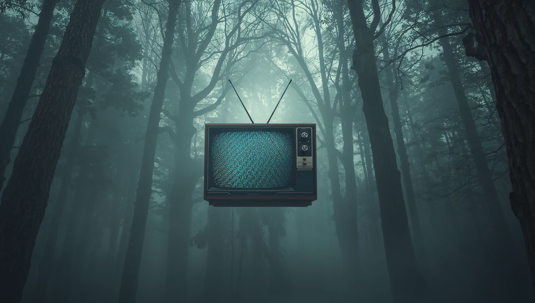Surreal Floating Vintage TV Broadcasting Static Above Foggy Pine Forest in Teal Mist