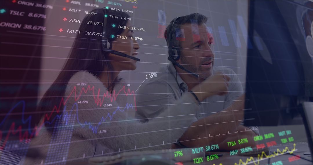 Business Professionals Analyzing Stock Data with Technology Overlay