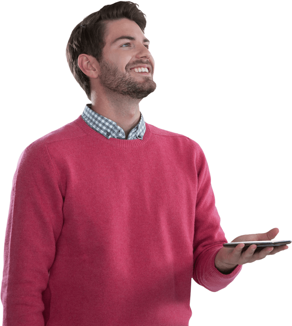 Smiling Man Holding Phone with Enthusiastic Expression, Transparent Background
