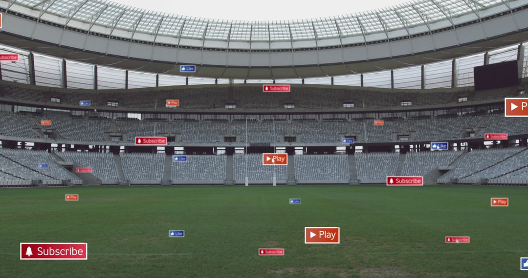 Digital Media Icons Floating Over Large Empty Stadium