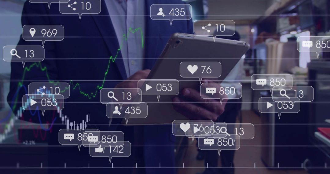 Business Analyst Examining Data on Tablet with Floating Metrics Icons