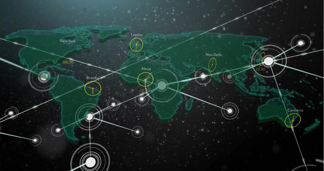 Global Network Map with Interconnected Cities and Time Zones