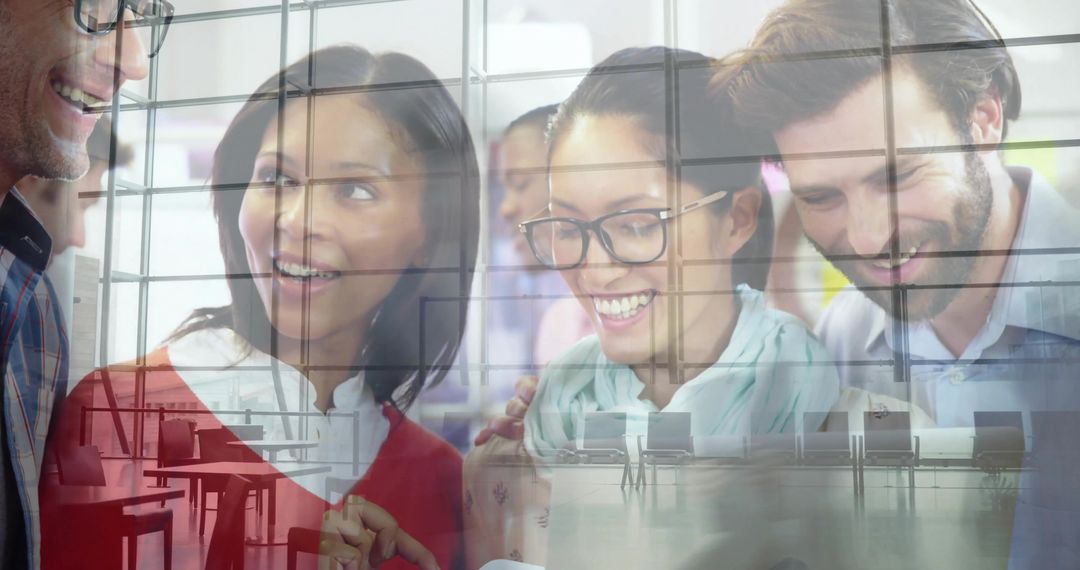Smiling Diverse Team Collaborating Over Tablet with Airport Terminal Double Exposure