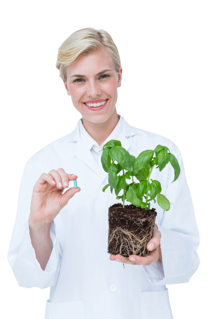 Smiling Scientist Holding Basil Plant and Transparent Pill