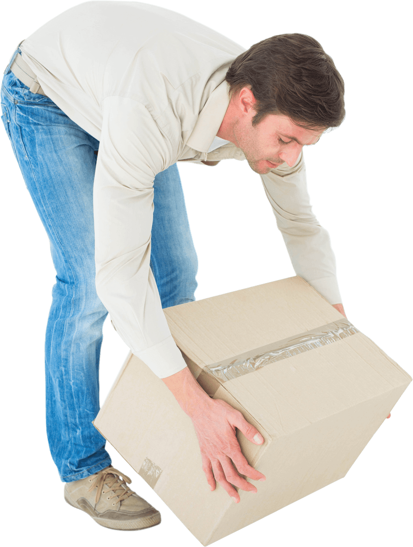 Transparent Image of Man Lifting Cardboard Box for Moving or Delivery