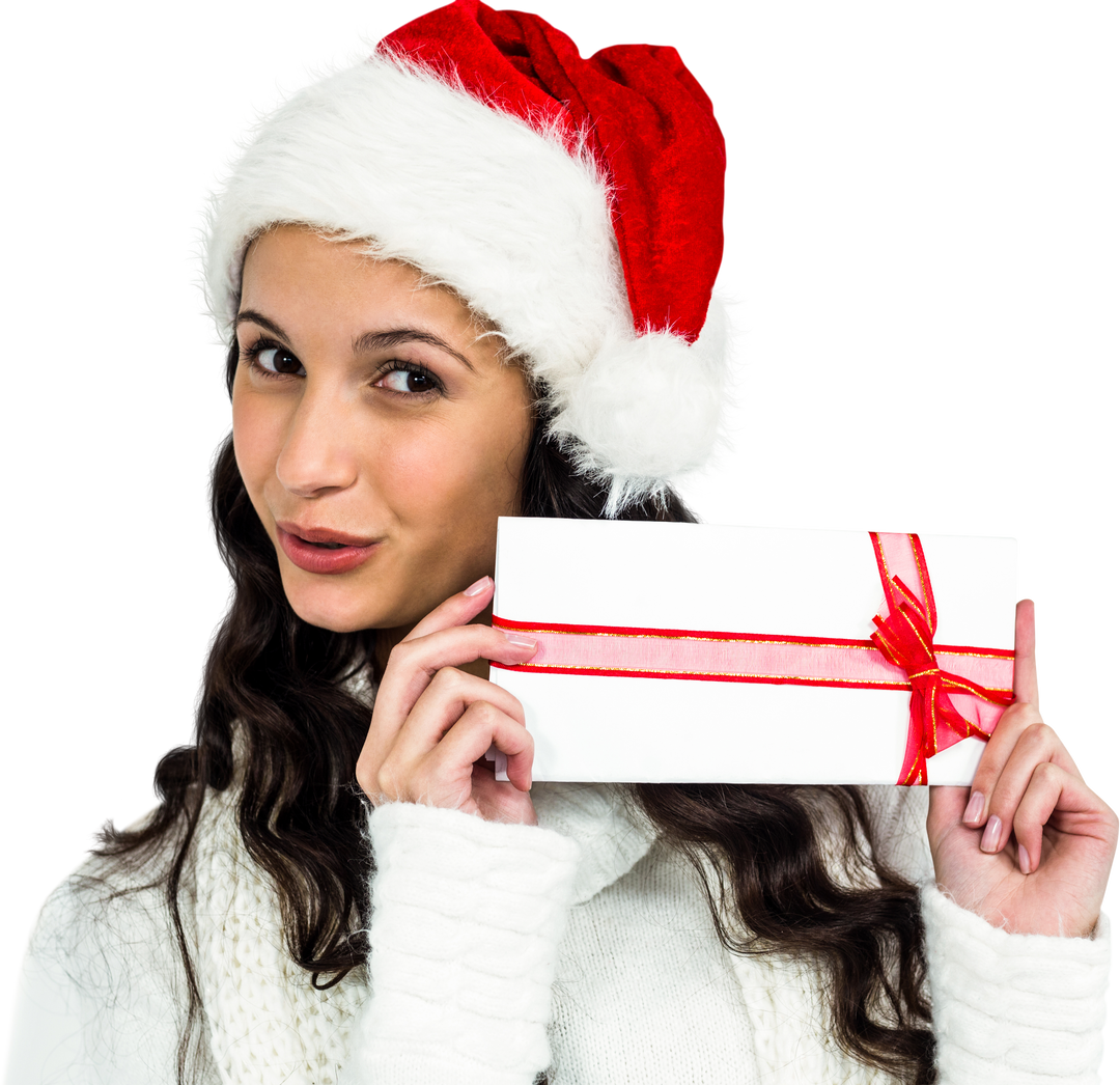 Smiling Woman in Santa Hat Holding Gift Box with Red Bow - Transparent Background - Download Free Stock Images Pikwizard.com