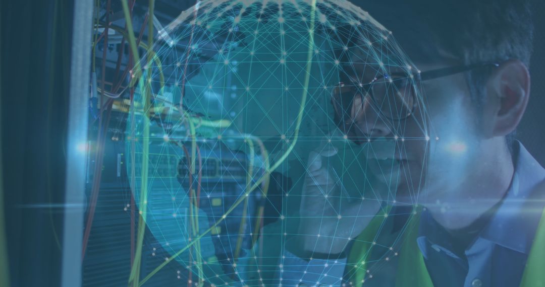 Technician Analyzing Server with Digital Network Overlay