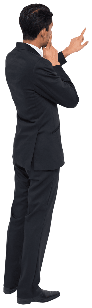 Focused Asian Businessman In Suit Pointing On Transparent