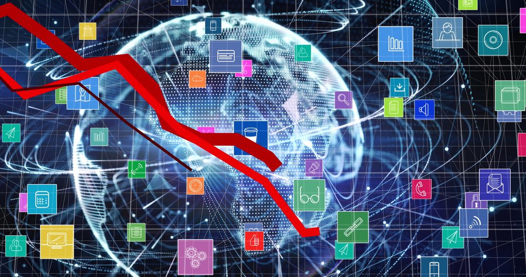 Digital Network Icons and Declining Chart on Global Background