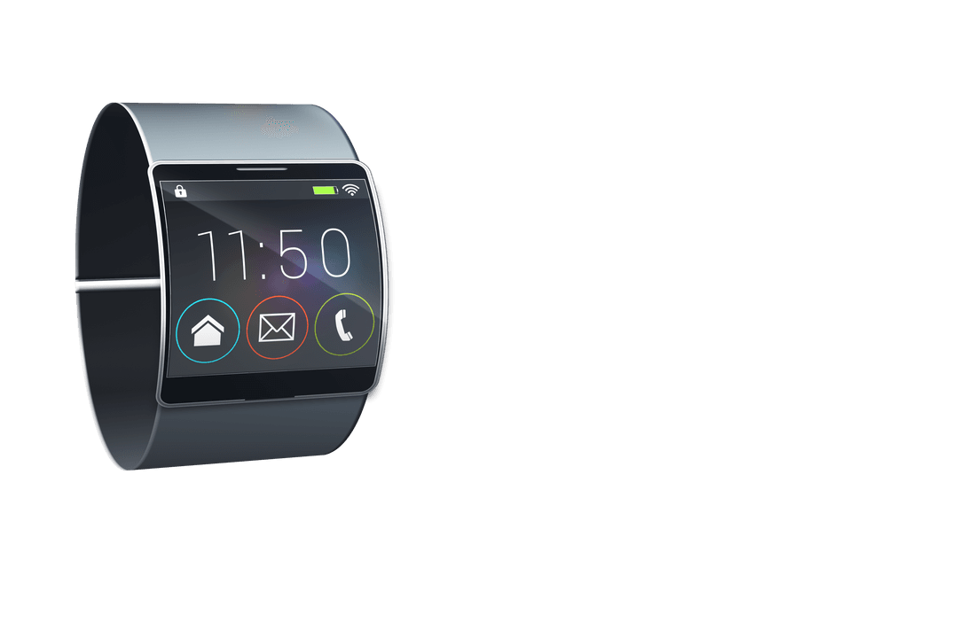 Transparent futuristic smartwatch with app interface layout