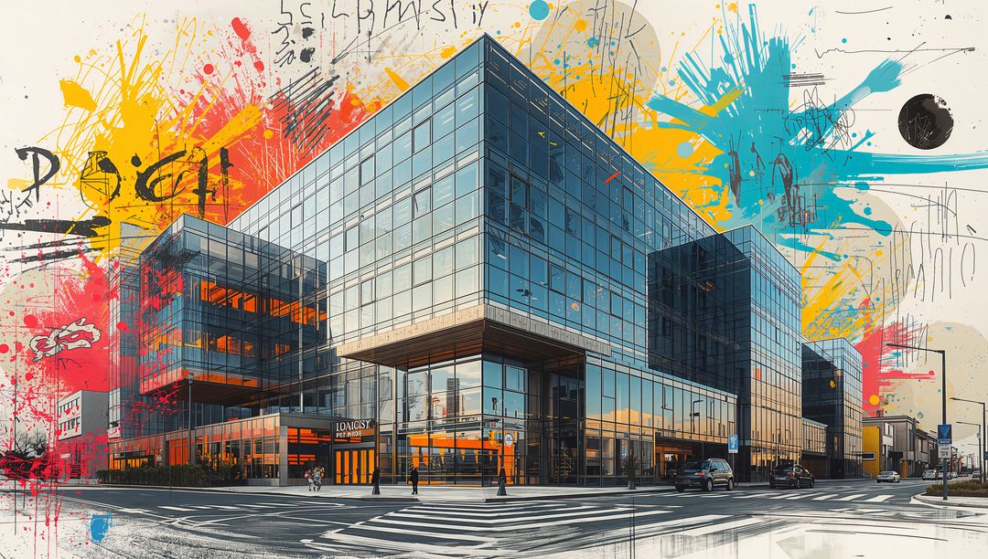 Glass-faced office building at city corner with colorful graffiti splashes and pedestrians