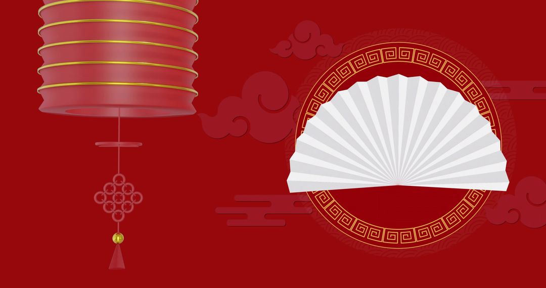 Traditional Chinese New Year Decor with Lantern and Fan on Red Background - Free Images, Stock Photos and Pictures on Pikwizard.com