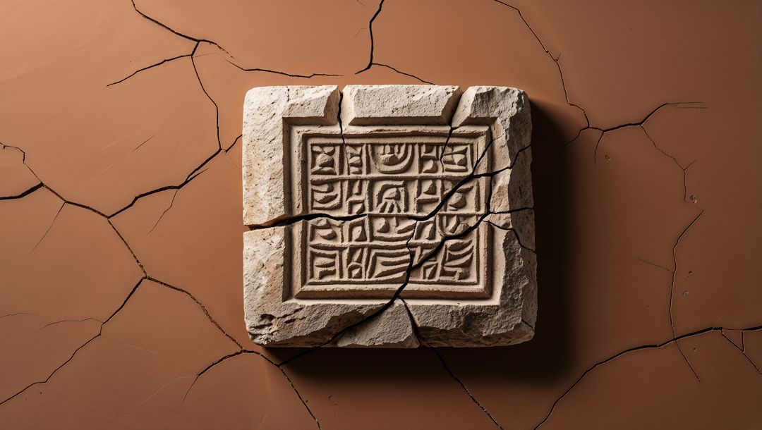 Ancient Carved Stone with Mysterious Symbols on Cracked Surface