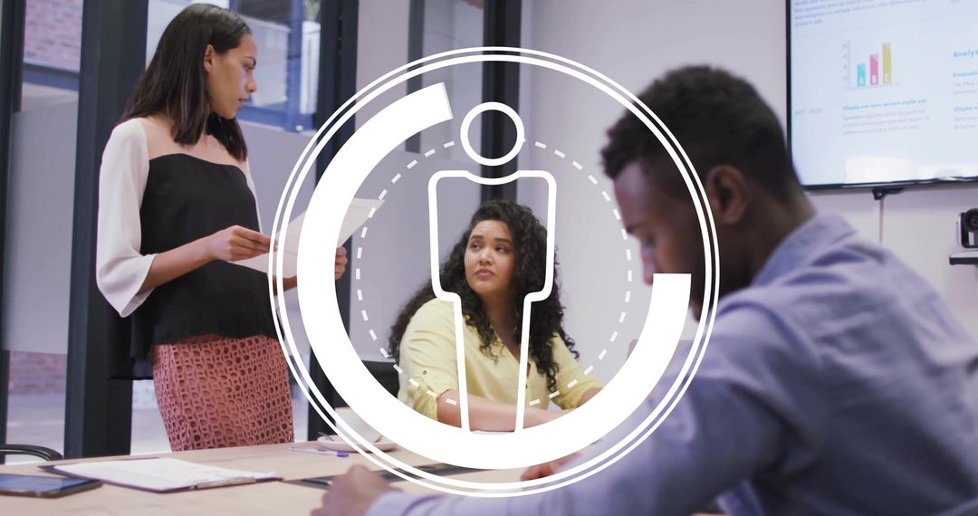 Collaborating team discussing presentation with profile overlay in modern glass office