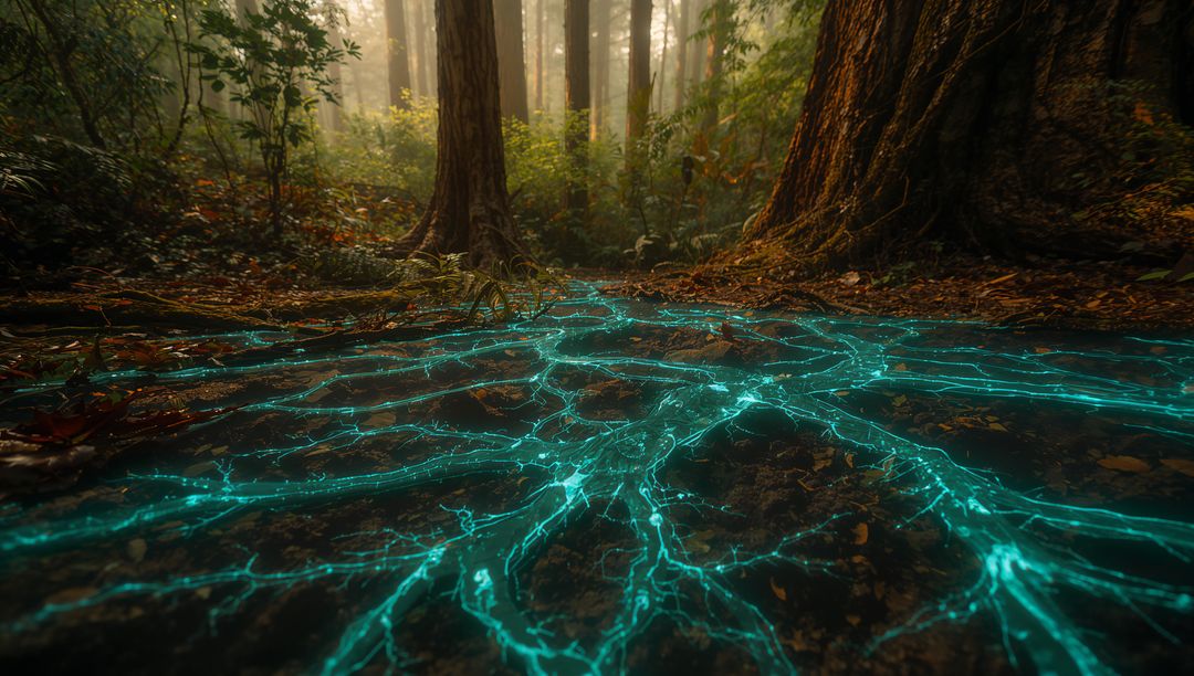 Glowing Cyan Mycelial Network Spreading Across Mossy Forest Floor Beneath Giant Trees