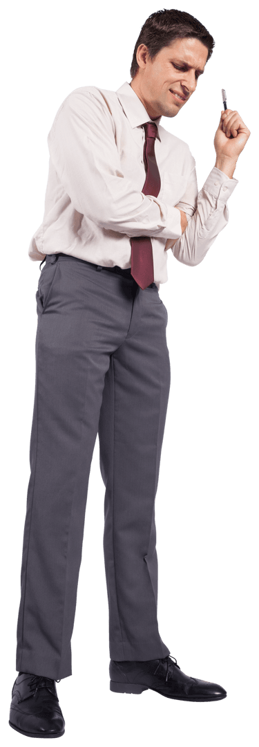 Conflicted Businessman with Smartphone on Transparent Background