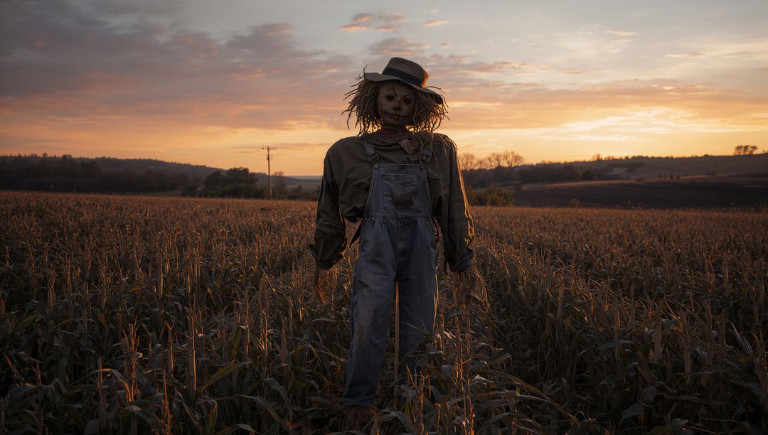 Rustic Scarecrow Guarding Cornfield at Sunset