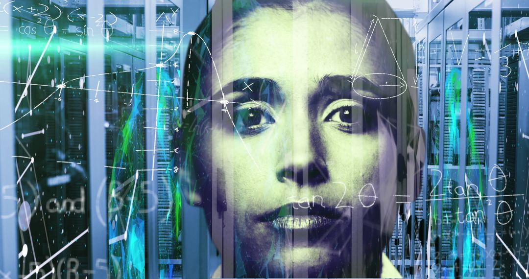 Futuristic Woman with Mathematical and Digital Overlay in Server Room