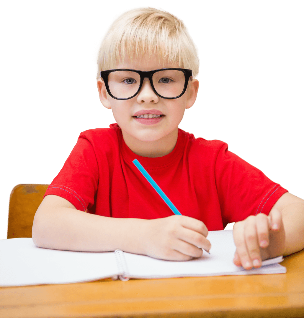 Young Boy in Glasses Writing in Notebook on Transparent Background