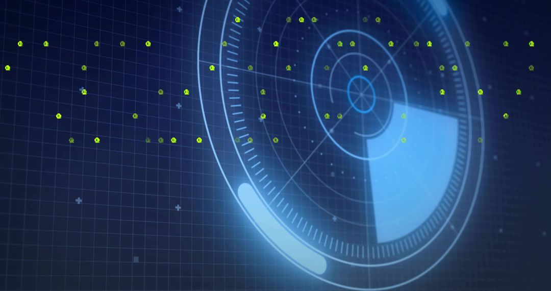 Futuristic Radar HUD Interface with Circular Sweep and Green Blips on Blue Grid