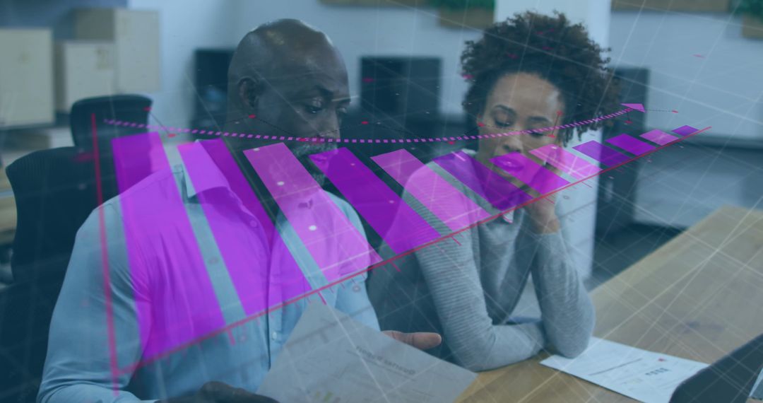 Two Professionals Analyzing Financial Reports with 3D Data Visualization