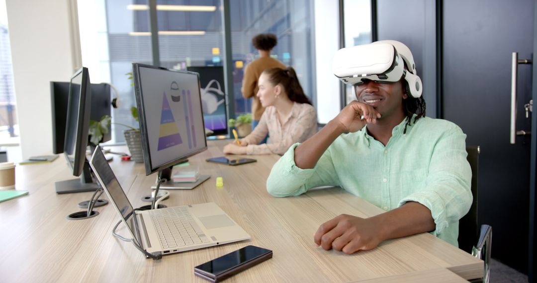 Employee Experiencing Virtual Reality Technology in Modern Office