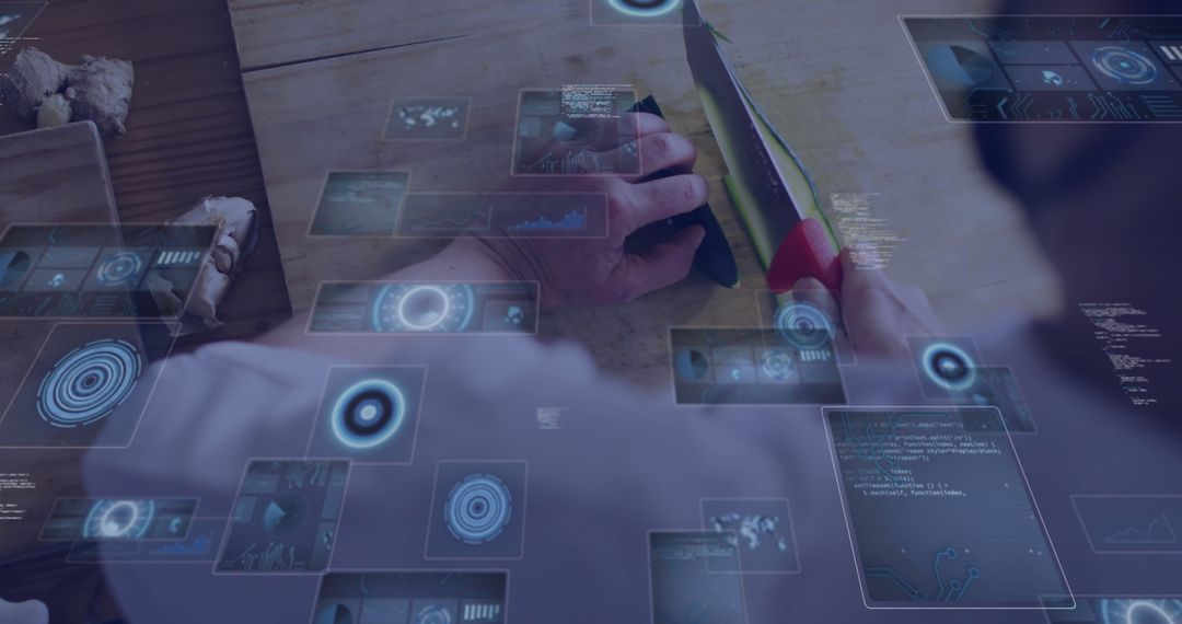 Cutting Fresh Vegetables with Futuristic Holograms Displayed