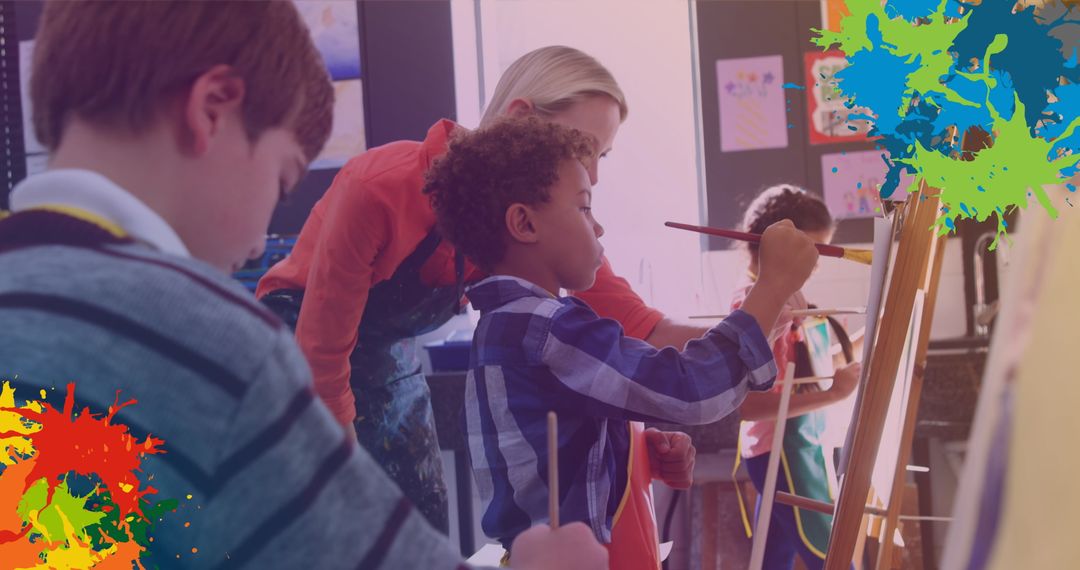 Teacher Instructing Students in Art Class with Colorful Splash Overlay