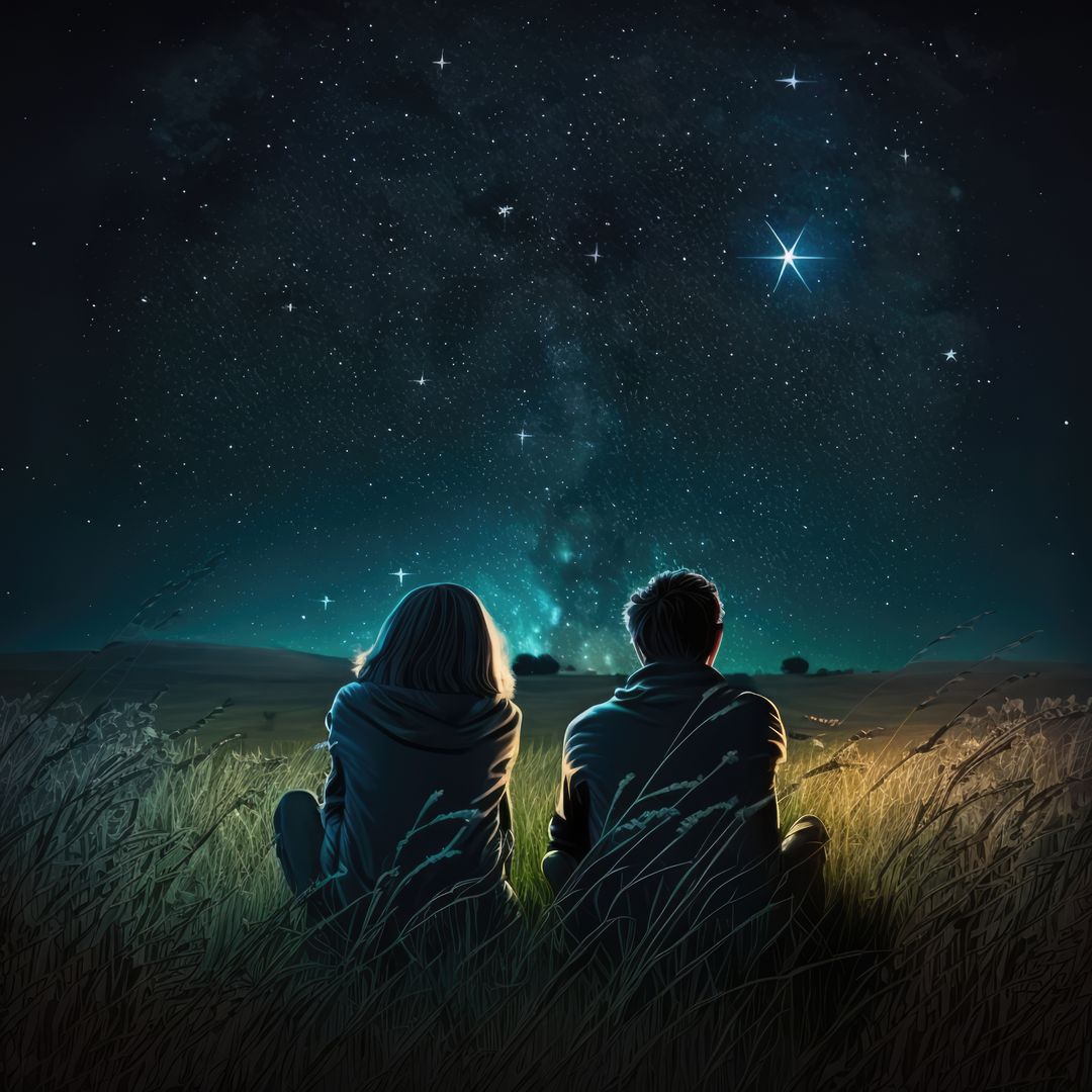 Couple in field star gazing at night sky, created using generative ai technology - Free Images, Stock Photos and Pictures on Pikwizard.com