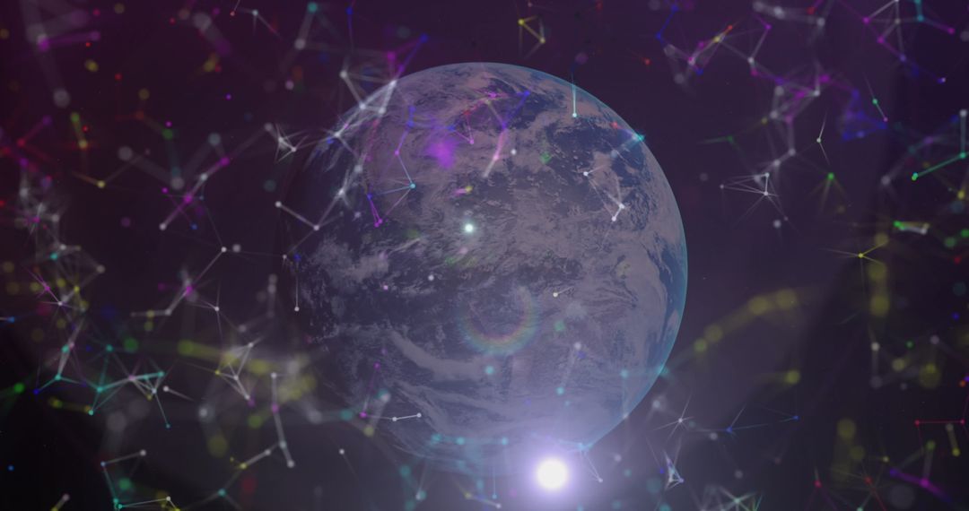 Earth Surrounded by Digital Networks on Purple Backdrop