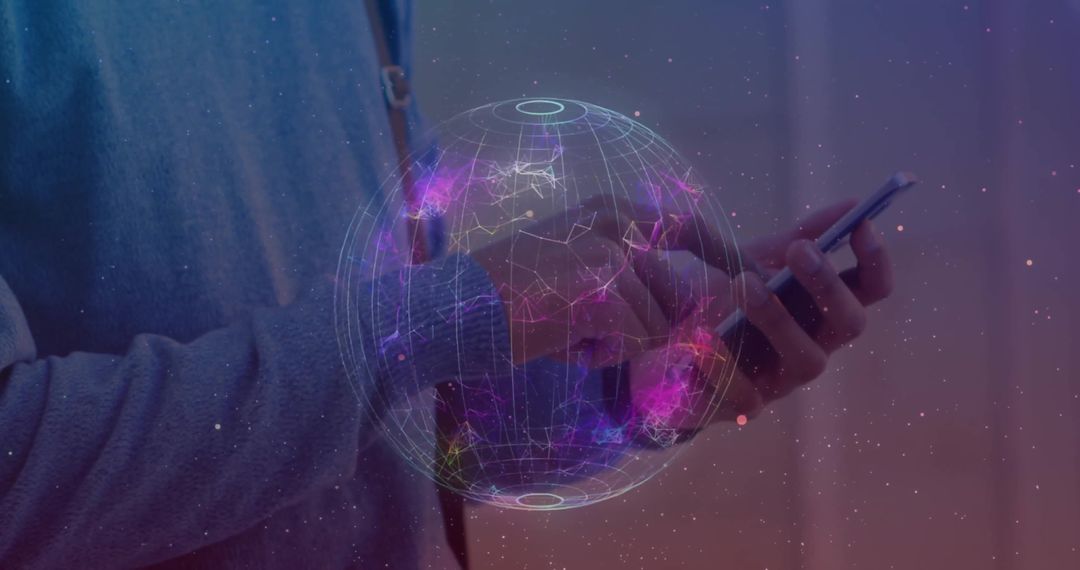 Person Using Smartphone with Digital Global Network Overlay