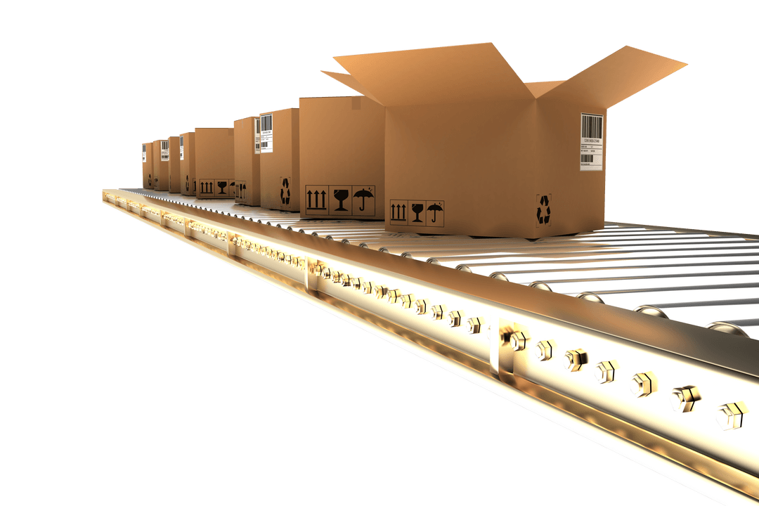 Transparent Brown Cardboard Boxes on Conveyor Belt with Symbols