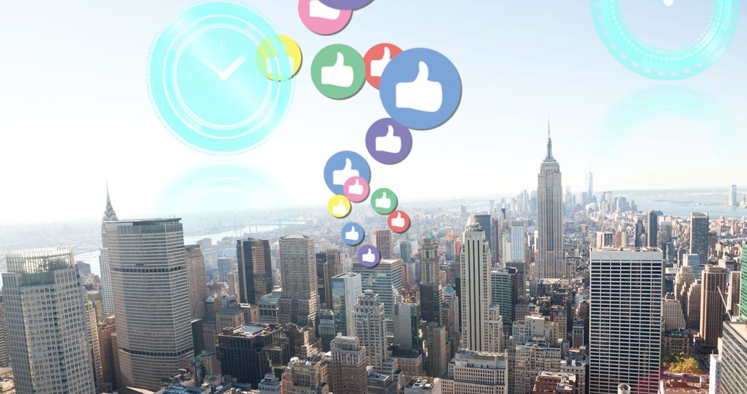 Digital Icons Floating Above Bustling City Metropolis