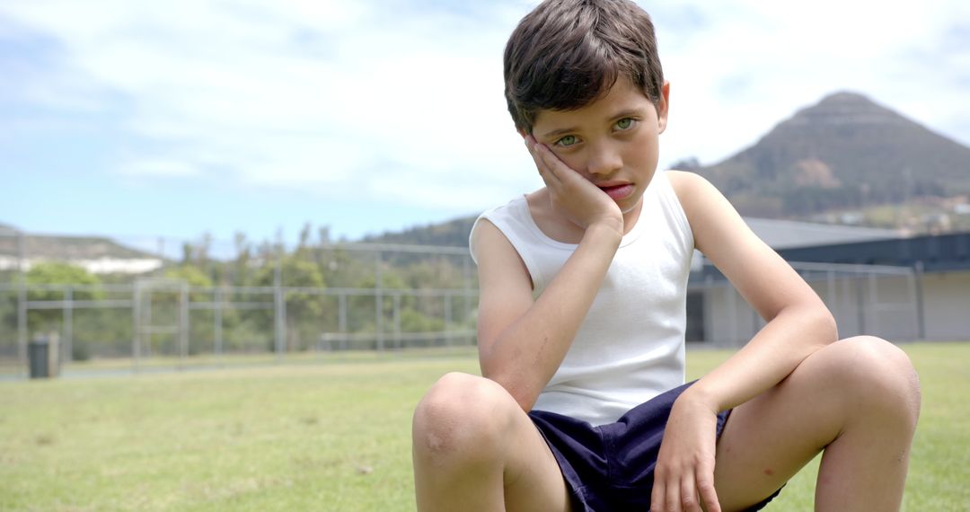 Contemplative Boy Resting in Schoolyard Grass Looking Thoughtful