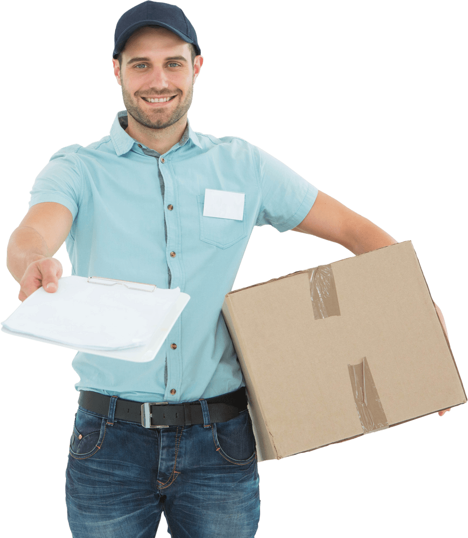 Transparent Smiling Delivery Man with Package Offering Clipboard