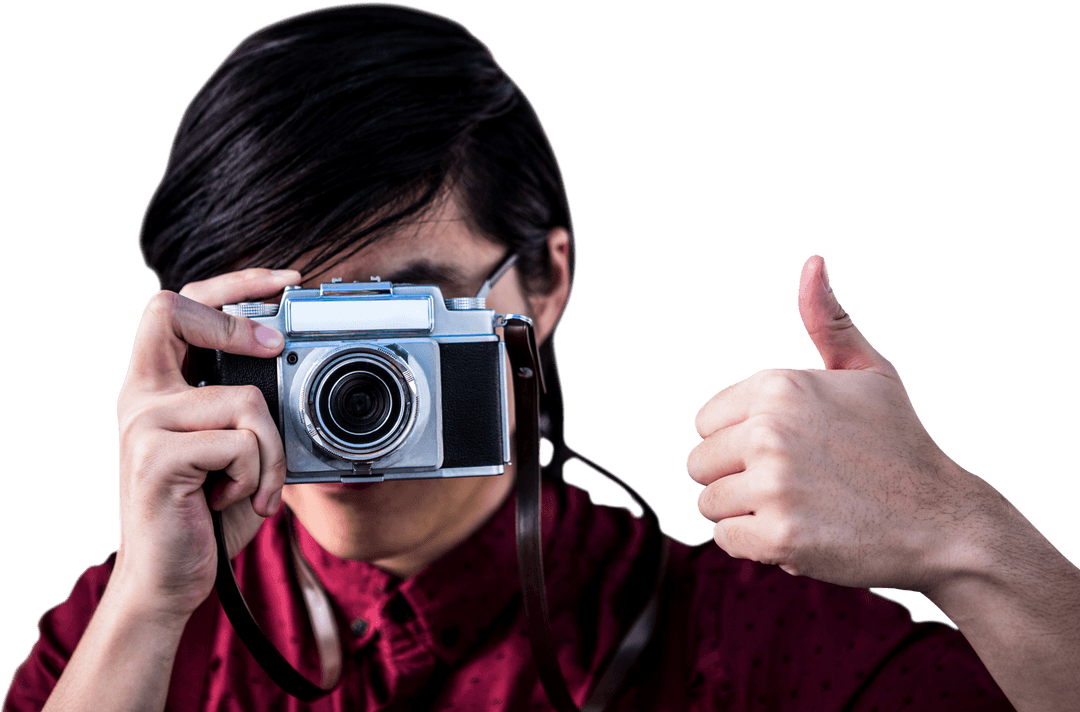 Hipster with Vintage Camera and Thumbs Up on Transparent Background
