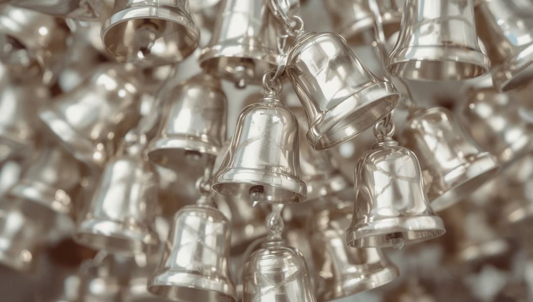 Shimmering Cluster of Polished Silver Bells Hanging with Clappers for Festive Decor