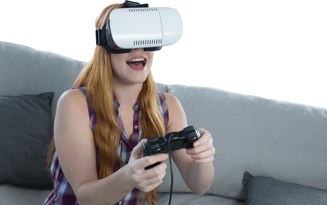 Young Woman Enjoying Virtual Reality Gaming on Sofa with Transparent Effect