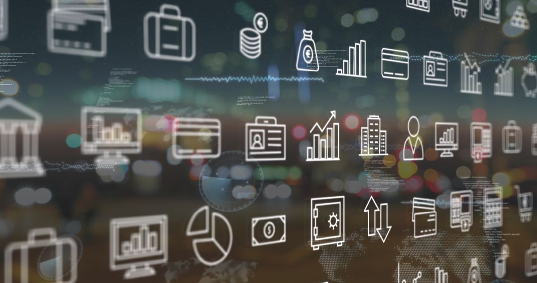 Digital Data Icons Over Cityscape Light Bokeh at Night