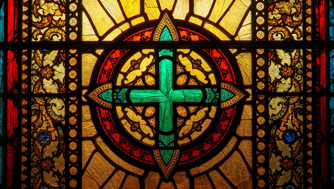 Intricate Stained Glass with Vibrant Cross in Chapel Setting