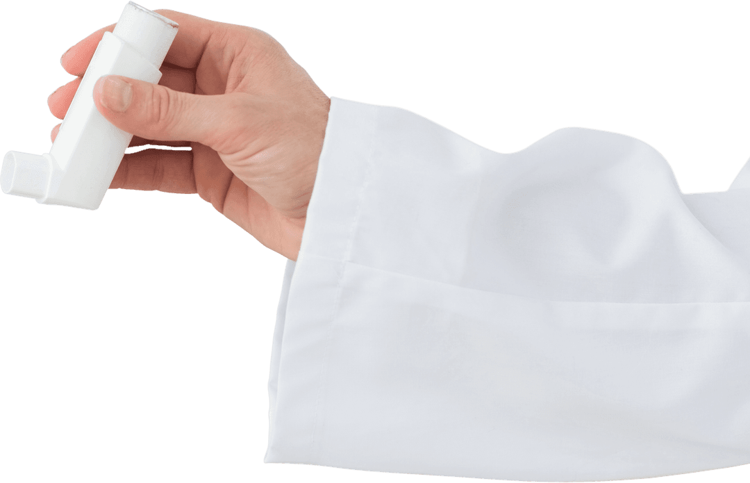 Doctor's Arm in White Coat Holding Transparent Asthma Inhaler Device