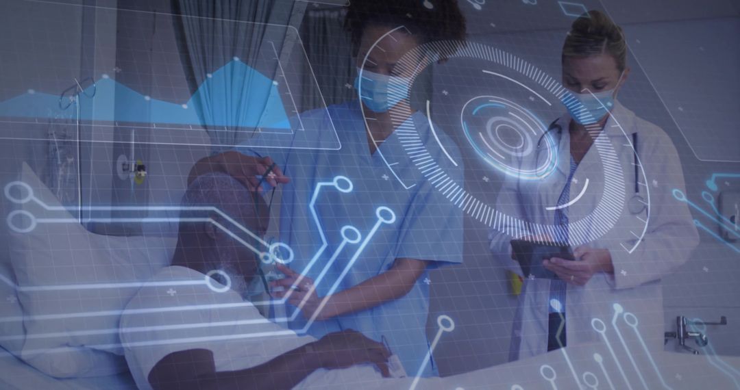 Healthcare Technology: Nurse Monitoring Patient with Digital Data Overlay