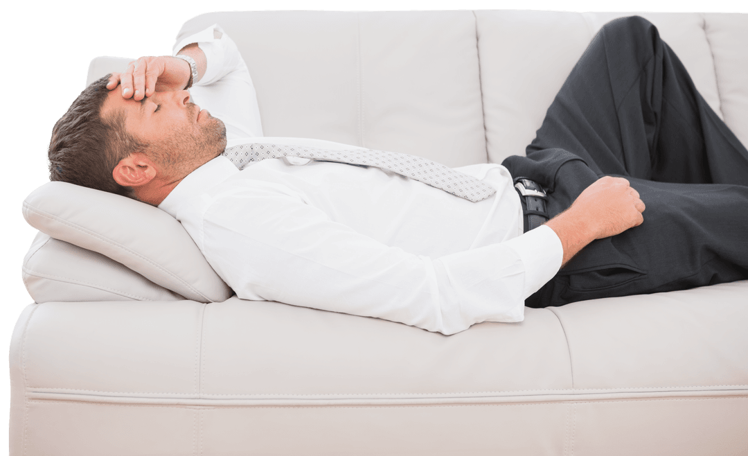 Transparent Background Businessman Lying on Sofa with Headache
