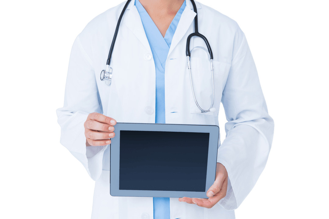 Transparent Display of Technology-Savvy Doctor with Tablet and Stethoscope
