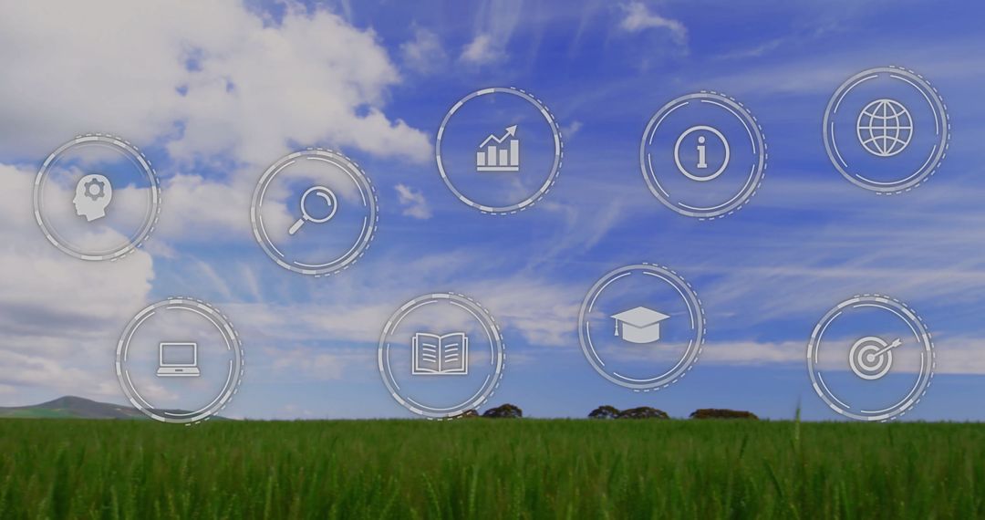 Education and Analytics Icons Hovering Over Agricultural Field