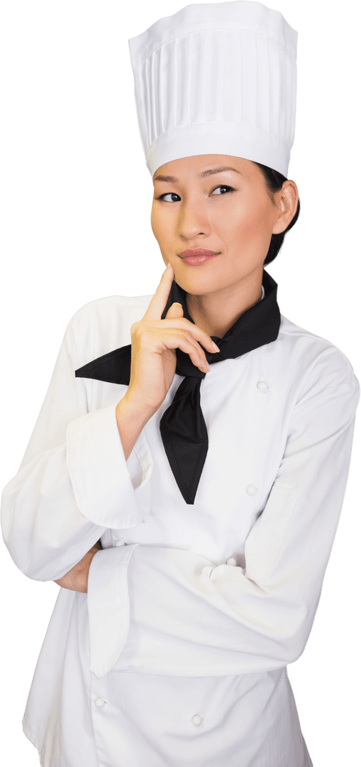 Thoughtful Female Chef in White Attire with Black Scarf on Transparent Background