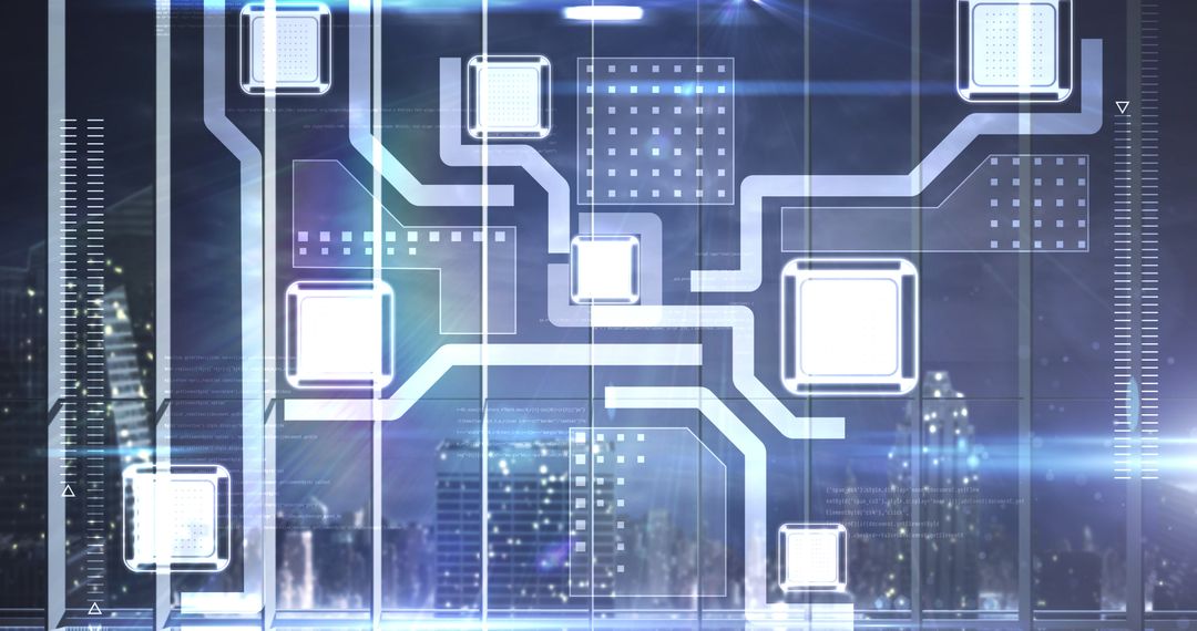 Futuristic Digital Network over Cityscape at Night