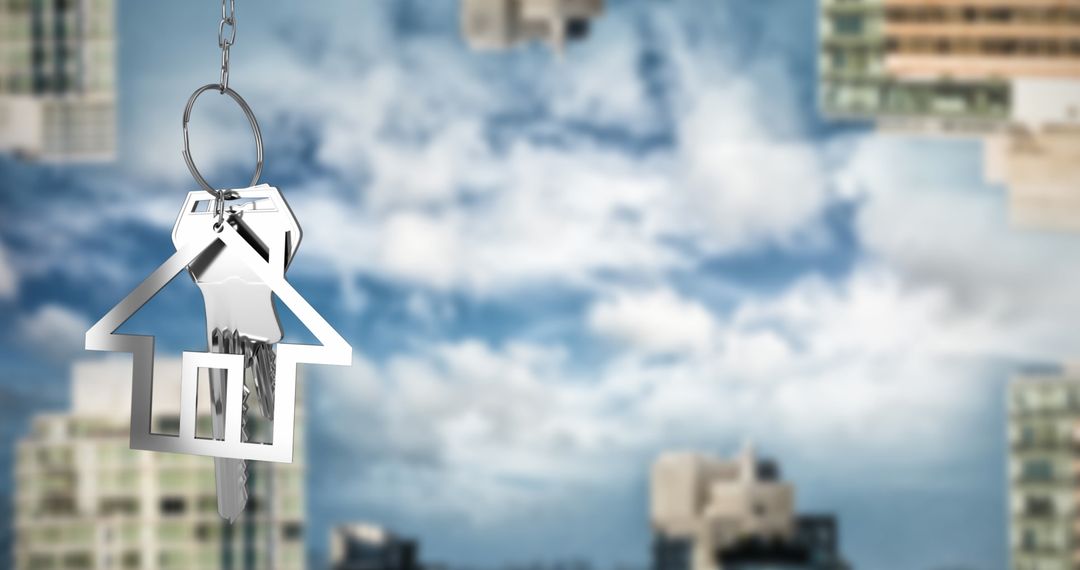 Hanging house keys with cityscape background